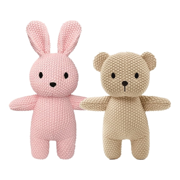 2 Pack Cotton Baby Plush Stuffed Animals Cute Rabbit and Teddy Bear Knitted Plush Toy Gifts for Kids and Newborns, Handmade Crochet Doll for Christmas, Easter (Bunny Teddy Bear)