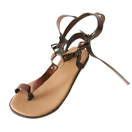 

Alueeu ladies shoes casual Sandals For Women s Flip Flops Cross Flats Open Toe Slip-On Buckle Strap Shoes Brown 41