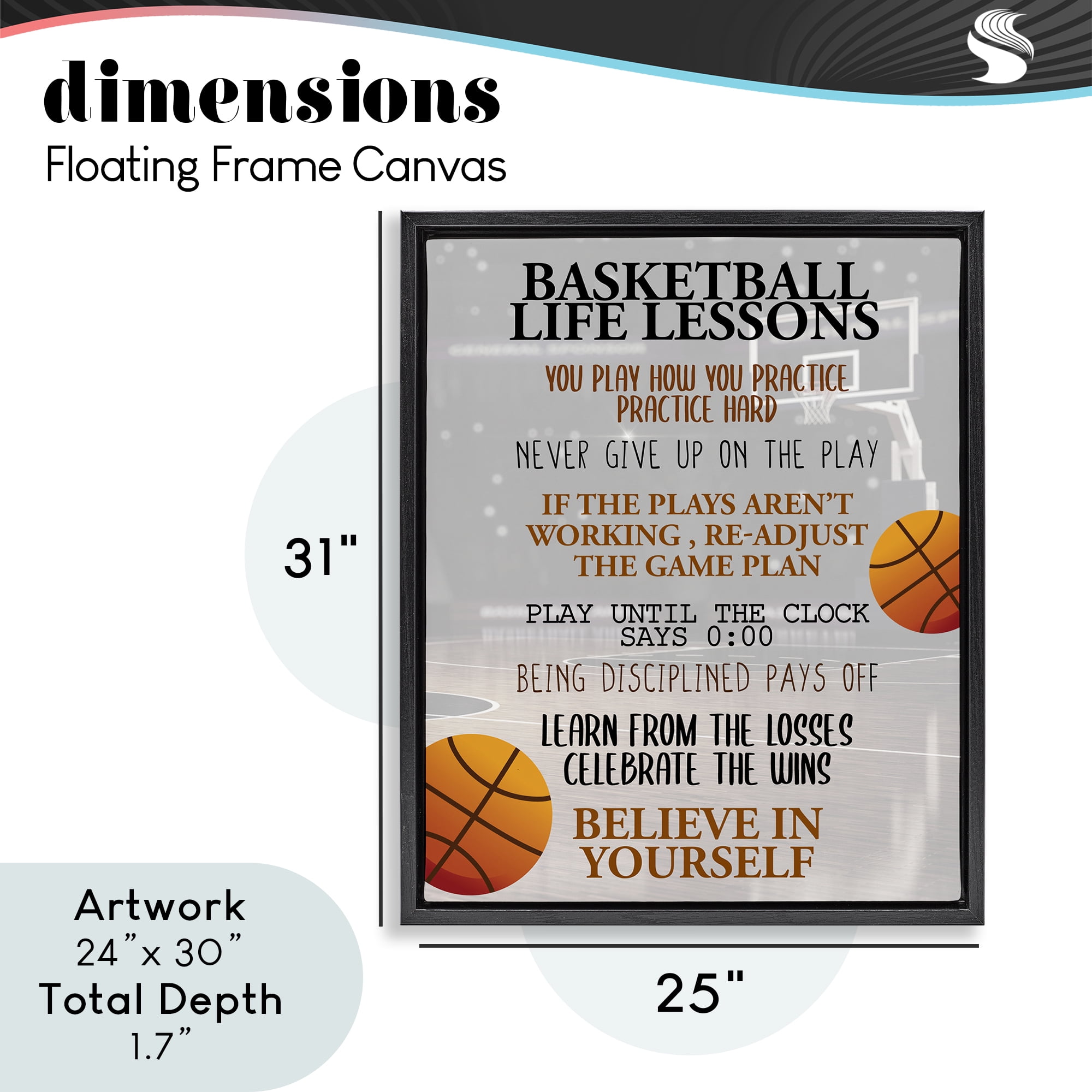 Basketball Life Lessons Black Framed Floater Canvas Wall Art, design by Kim Allen