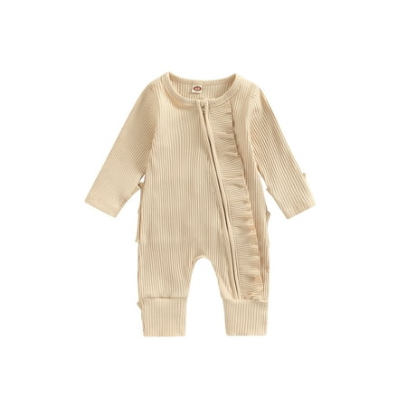 

GuliriFei Infant Baby Girls Boys Romper Solid Color Ribbed Round Neck Long Sleeve Jumpsuits Ruffles Oblique Zipper One-Piece Clothes