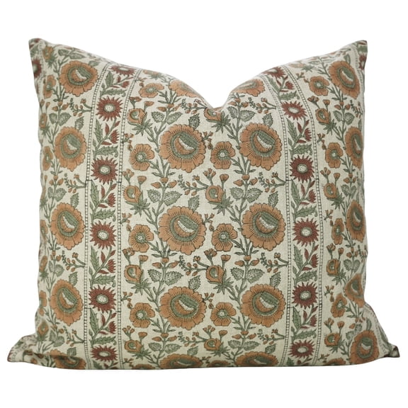 Fabdivine “Sun Flower” Block Print Cushion Cover – Brown & Grey Floral Thick Linen, Handmade Farmhouse Pillow