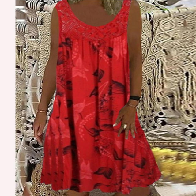 DPTALR Robe Ample Sans Manches à Imprimé en Dentelle Patchwork à Col Rond pour Femme Printemps/été