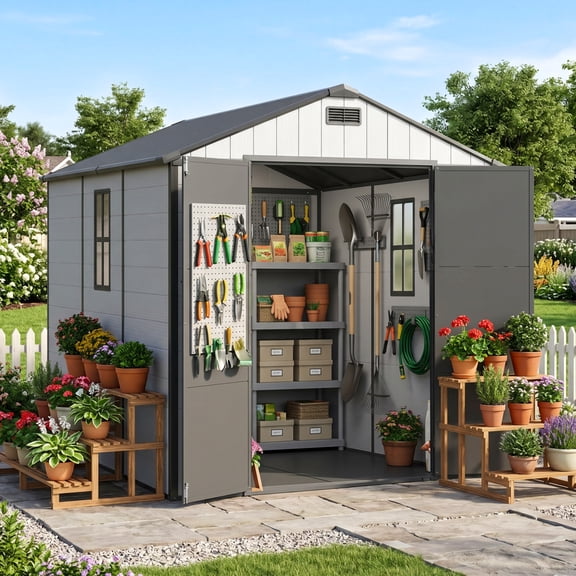 8x10 FT Resin Outdoor Storage Shed with Floor, Light Gray | Large Plastic Clearance Sheds, Lockable Door, Garden Tool Shed With Window, For Backyard, Patio Storage