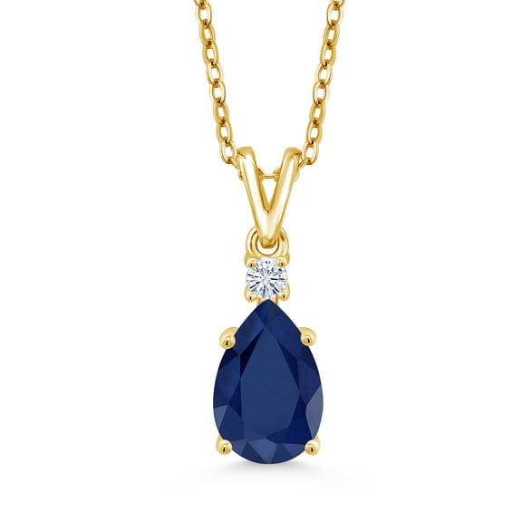 Gem Stone King 18K Yellow Gold Plated Silver Blue Sapphire and White Moissanite Pendant Necklace for Women (2.23 Cttw, Pear Shape 10X7MM, with 18 inch Chain)