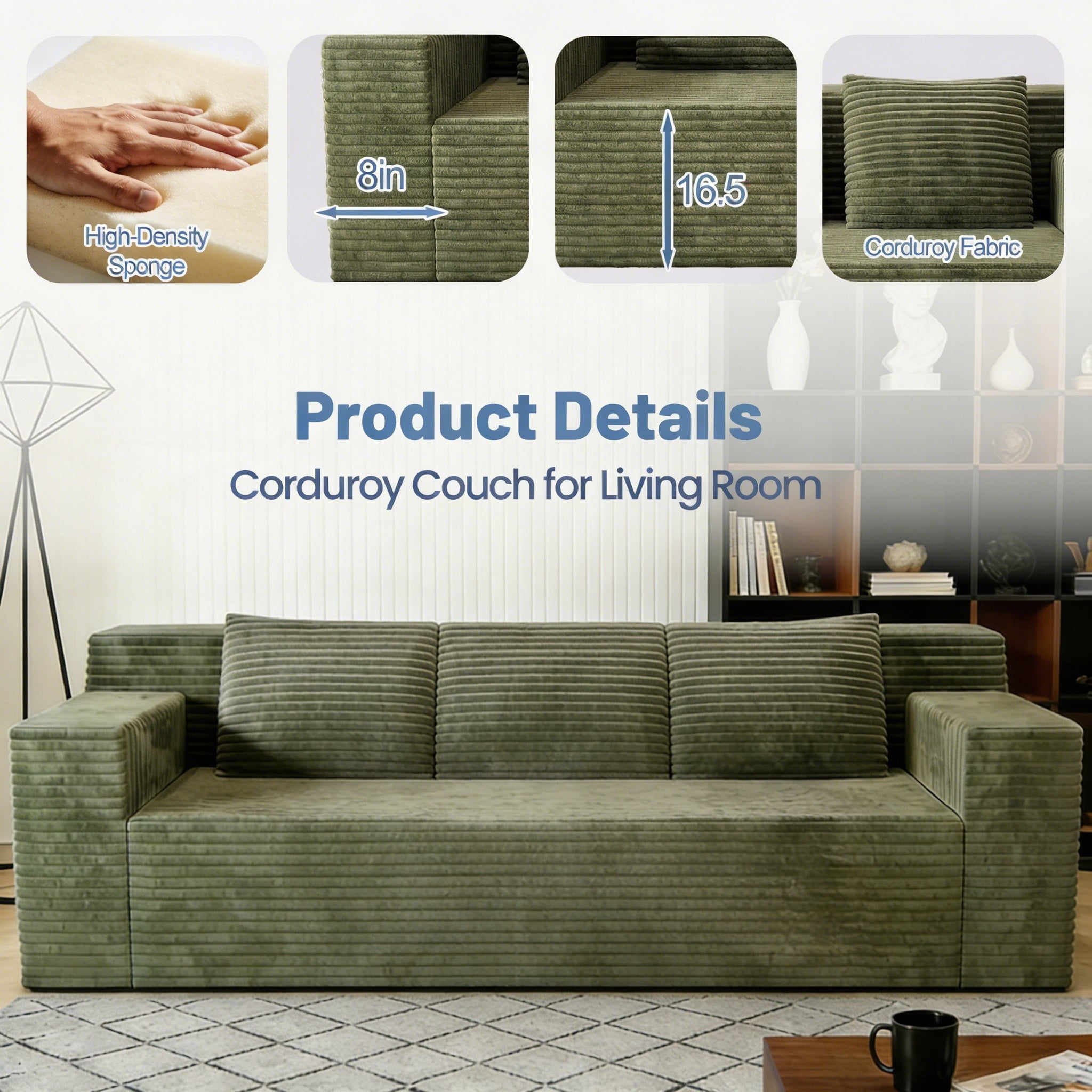 Modern 71" Corduroy Sofa, No Assembly Deep Seat Couch in a Box for Living Room, Green