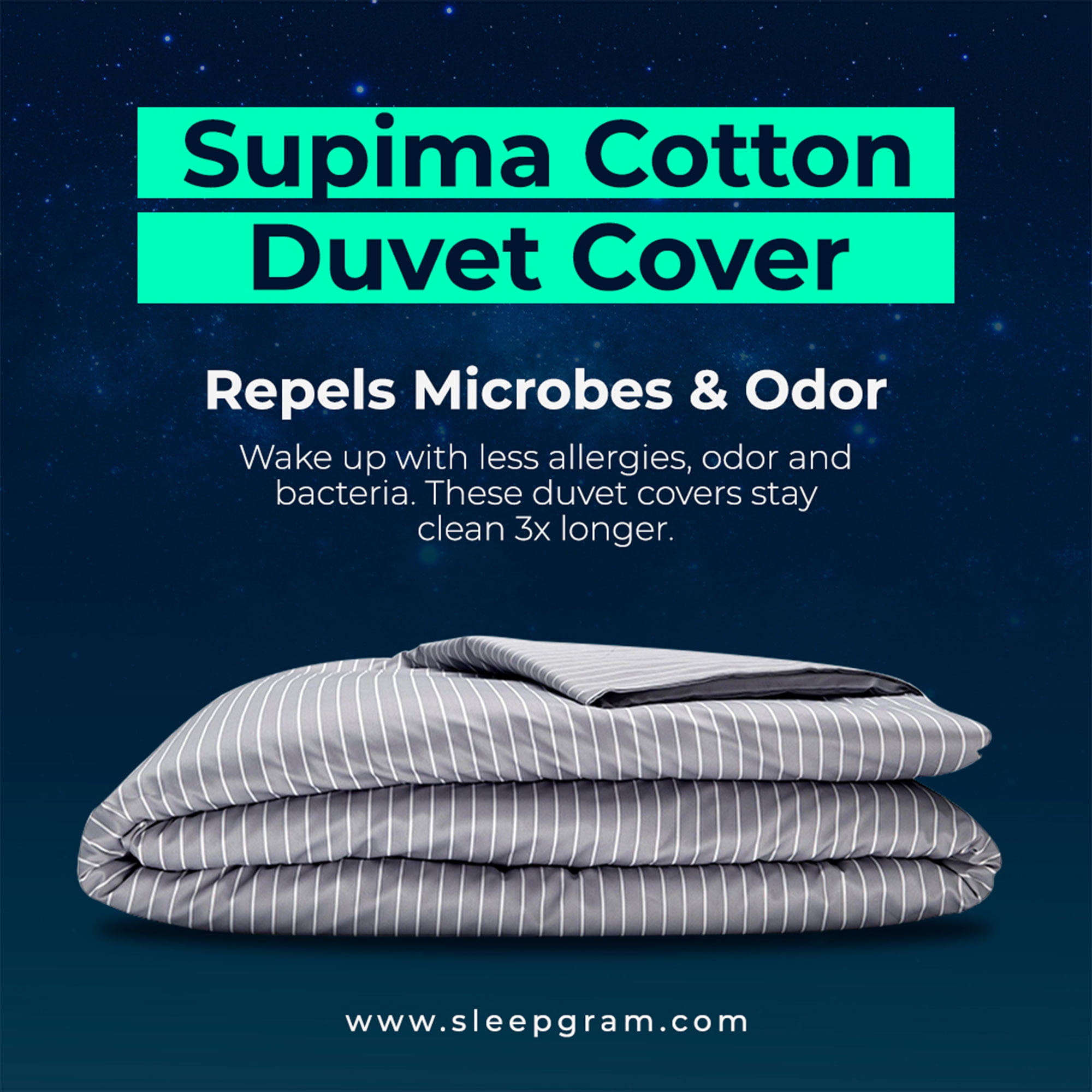Sleepgram Supima 400 Thread Count Cotton Duvet Cover, King, Grey Stripe