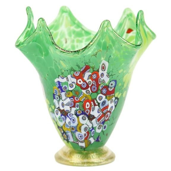 GlassOfVenice Murano Glass Millefiori Fazzoletto Vase - Lime Green