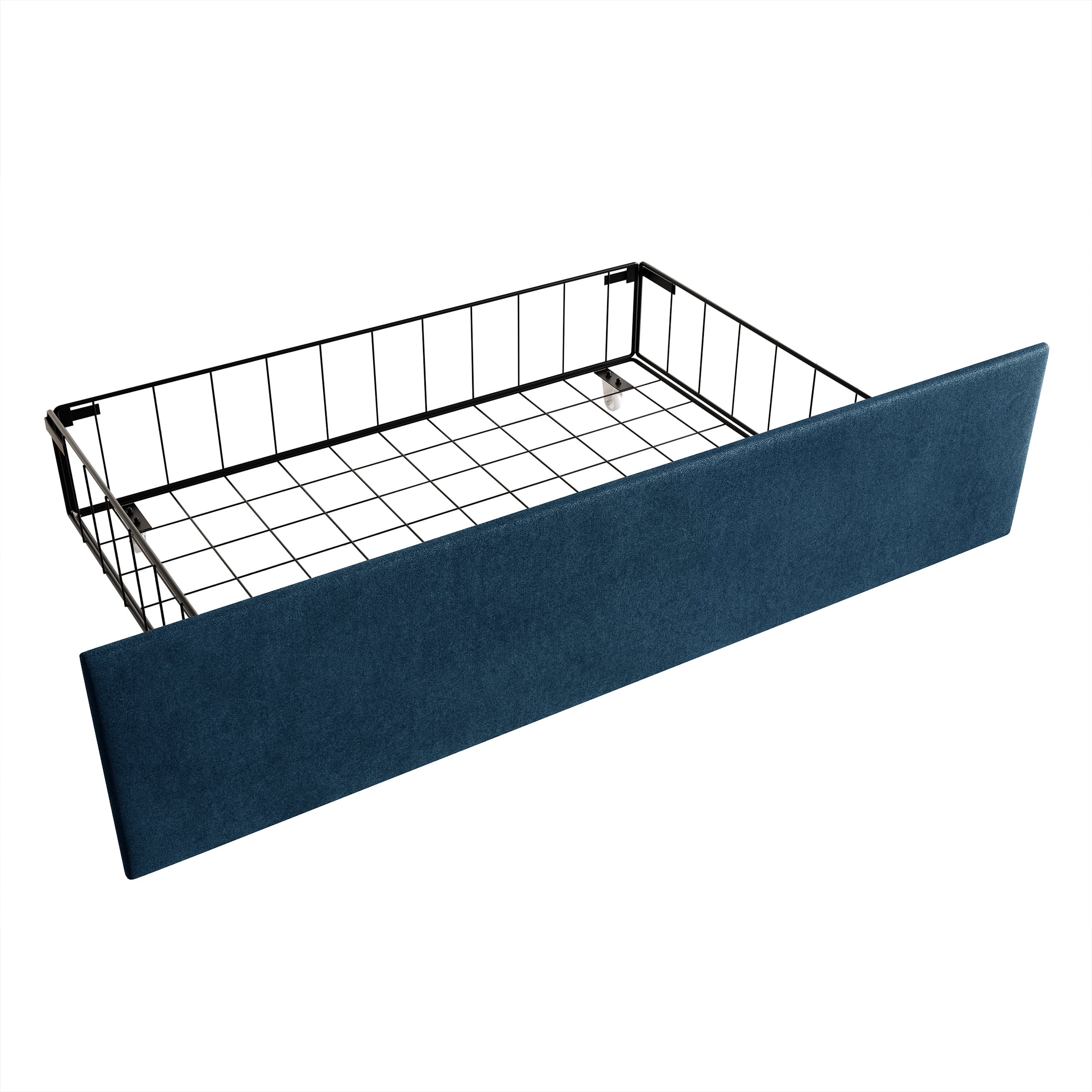 Castle Place Sleek Upholstered Nailhead Trimmed Queen Metal Platform Bed with 4 Storage Drawers, Navy Blue