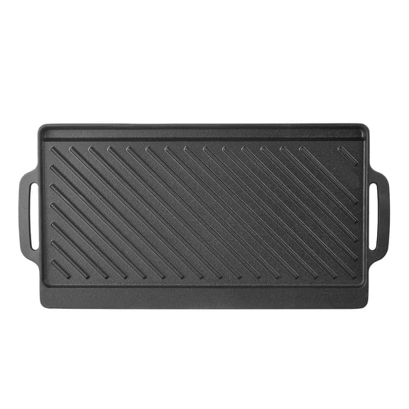 KFFKFF Reversible Cast Iron Grill and Griddle, 18x9 in Pre-Seasoned Pan with Handle, Ideal for BBQ, Breakfast, Burgers, Dual-Sided Cooking Plate, Versatile Rectangular Cookware for Oven, Stove, Grill