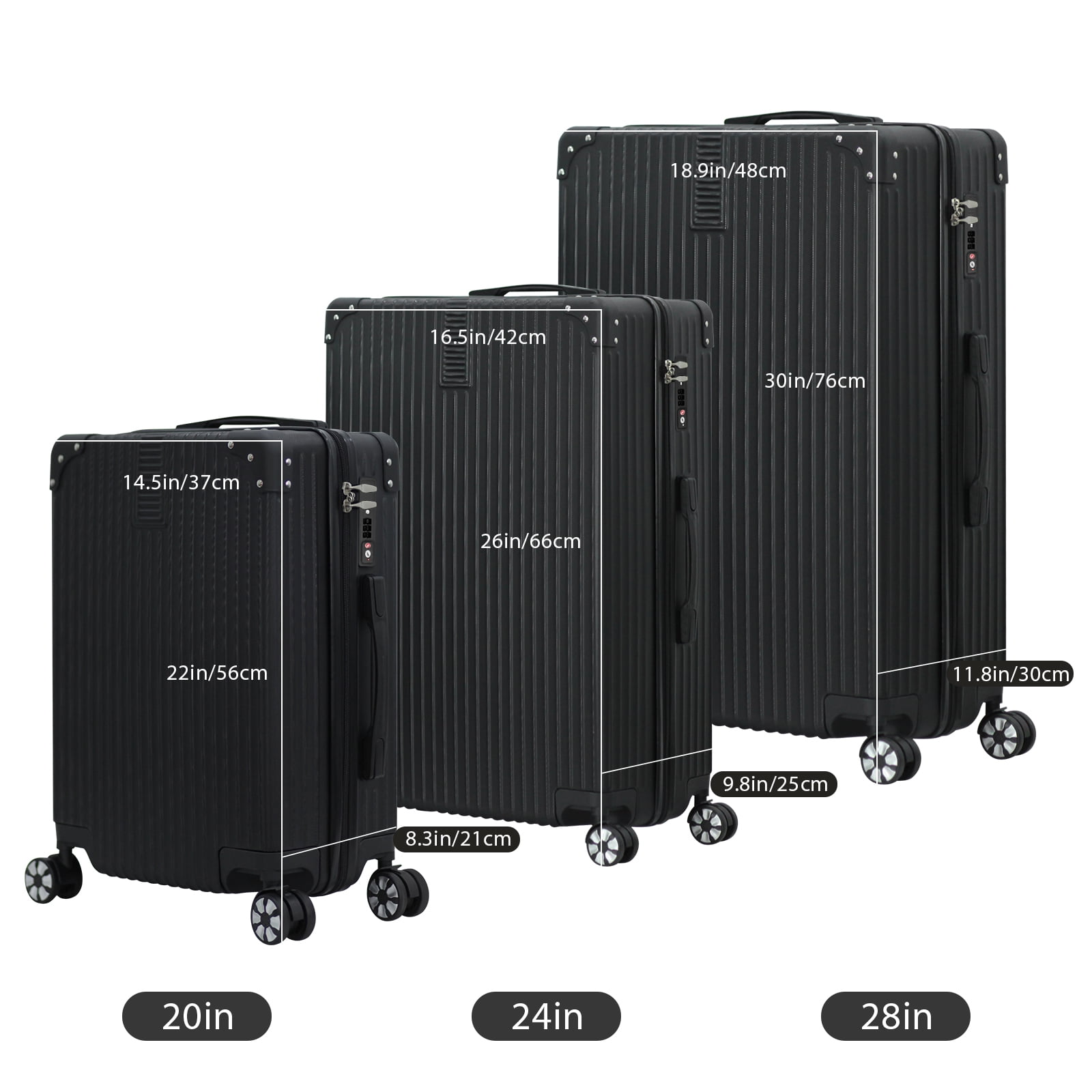 Luggage 3-Pieces Set ABS Durable Suitcase Black 20"24"28" Luggage 3-Pieces set black