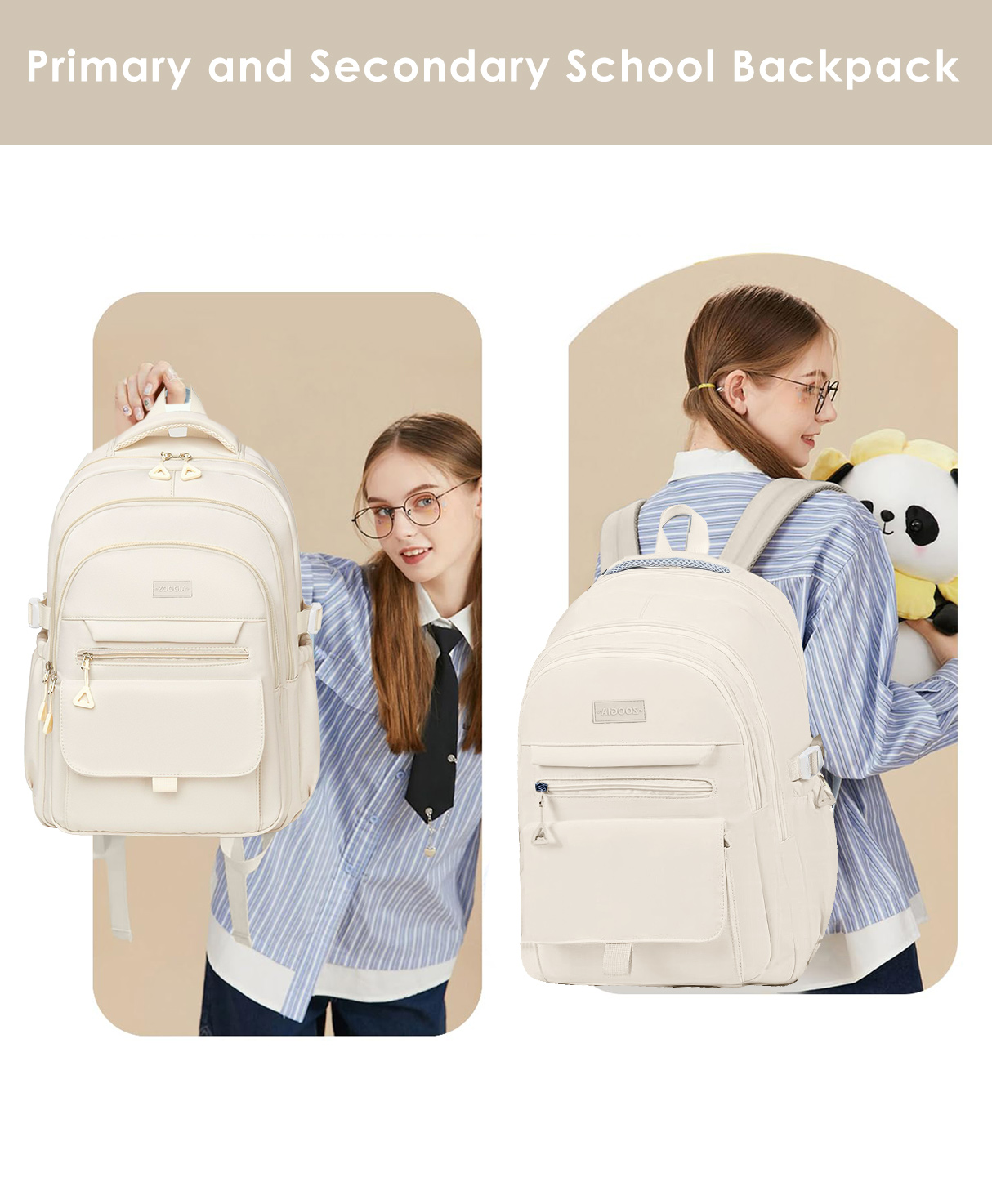 DAKIMOE School Backpack, Beige photo 2