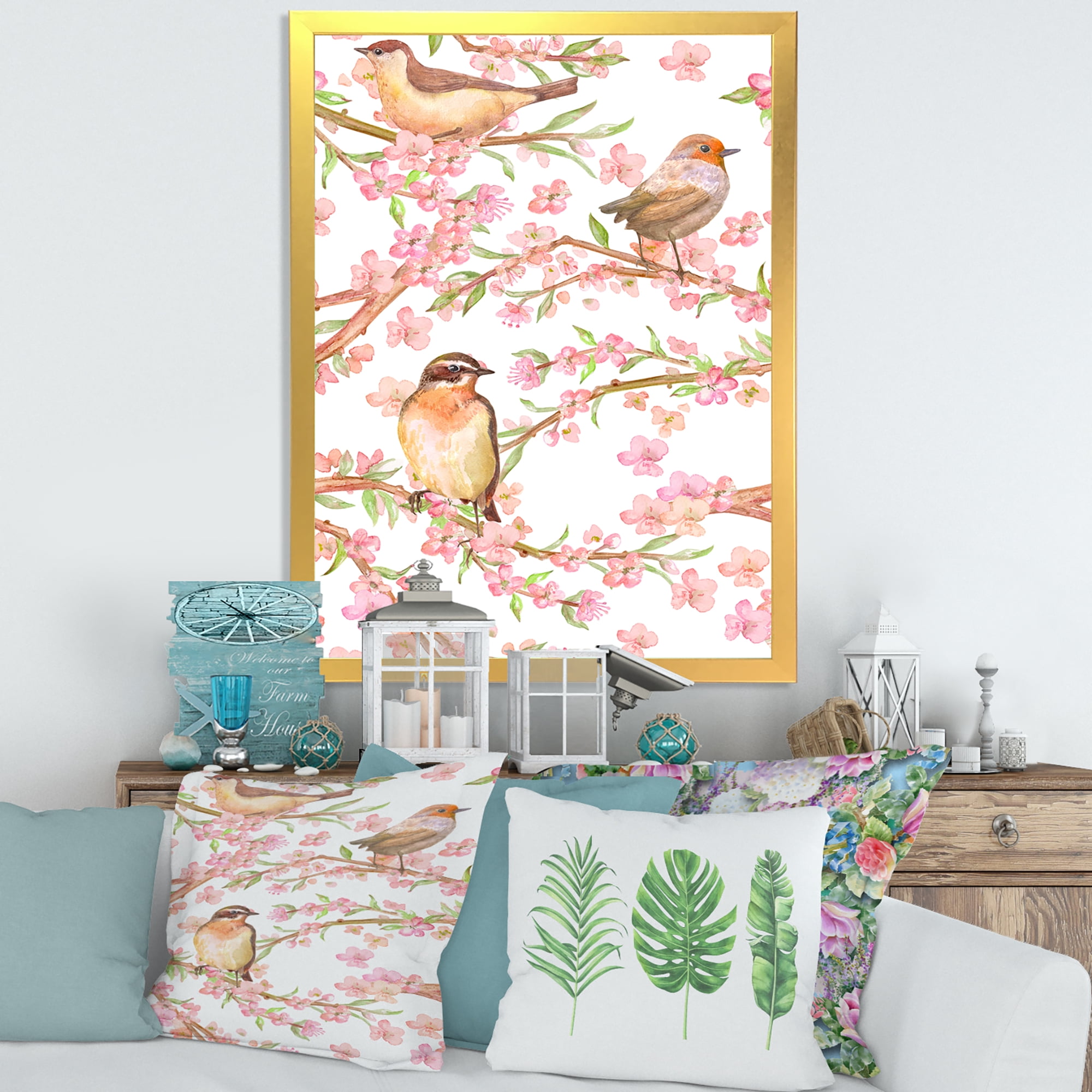 Lovely Birds On Branches Of Flowering Almond 16 in x 32 in Framed Painting Canvas Art Print, by Designart