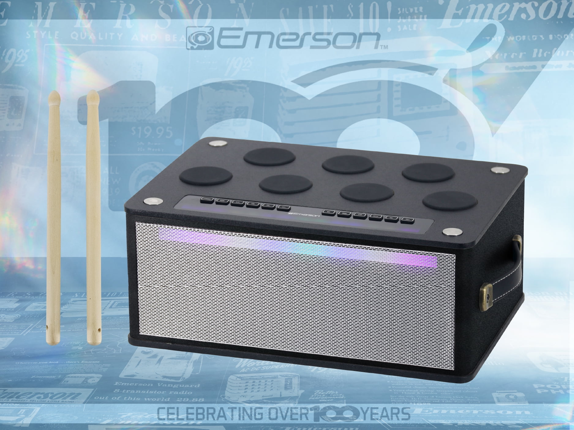 Emerson EDS-1000 Bluetooth Party Speaker with Digital Drum Pads, LED Lights, Dual Speakers, USB/AUX/Mic Inputs, & Rechargeable Battery