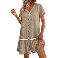 thumbnail image 2 of SROBPTY Summer Dresses for Women Solid V Neck Short Sleeve Button Ruffle Hem, 2 of 4