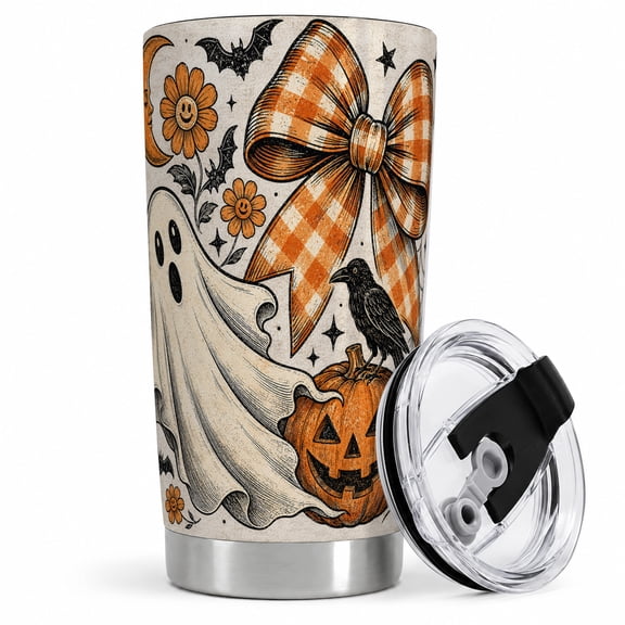 Vintage Ghost Pumpkin Tumbler, 20oz Insulated Drinkware for Halloween Fans Stainless steel insulated tumbler with lid, vintage ghost, crow, and pumpkin art for water, iced coffee, or tea