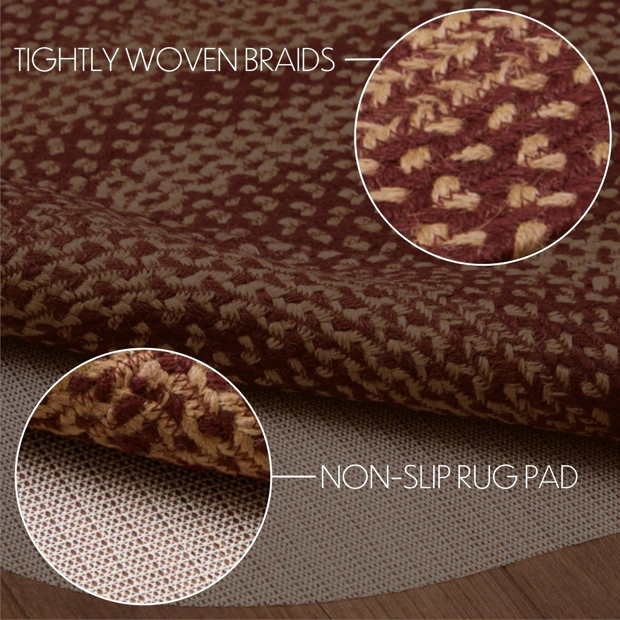 VHC Brands Burgundy Tan Primitive Country Jute Rug Oval, Detached Non-Skid Pad 36x60