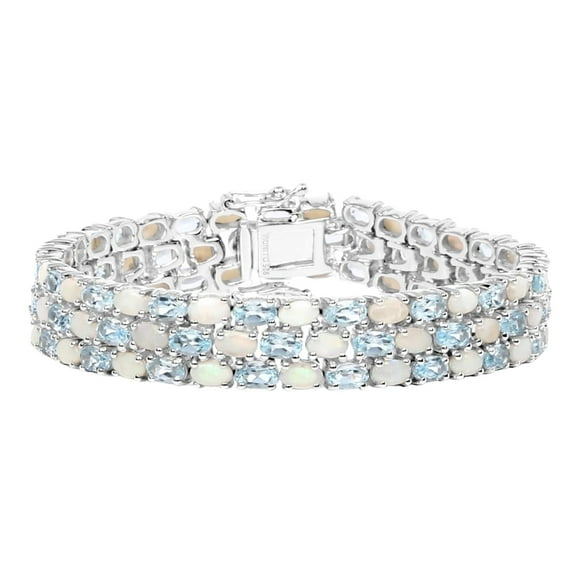 Genuine Blue Topaz and Opal Bracelet in Sterling Silver 22.28 Carats Tennis Jewelry Gift For Her