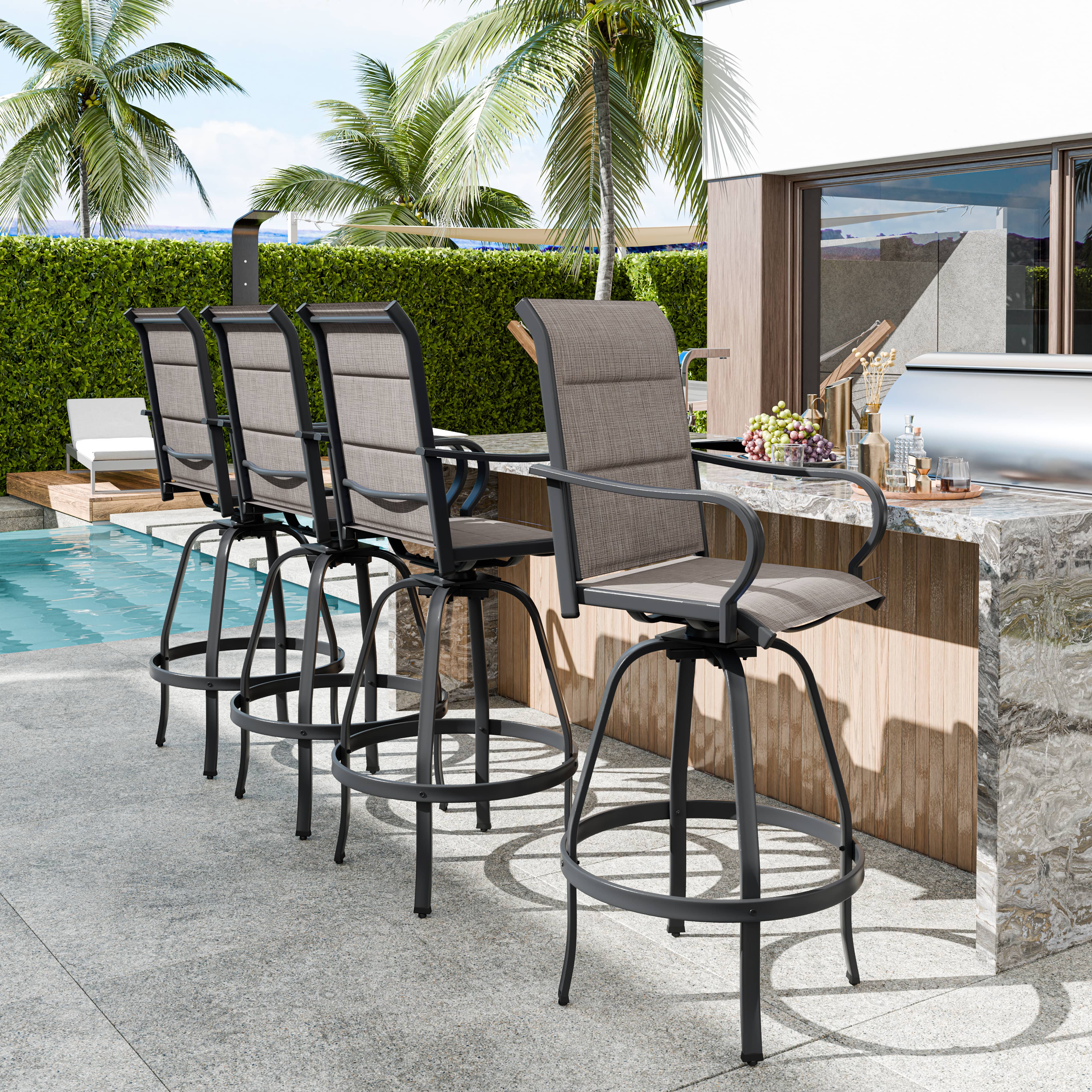 Walsunny 2 Piece Outdoor Swivel Metal Bar Stools Patio Height Textilene Chairs with High Back and Armrest, Gray