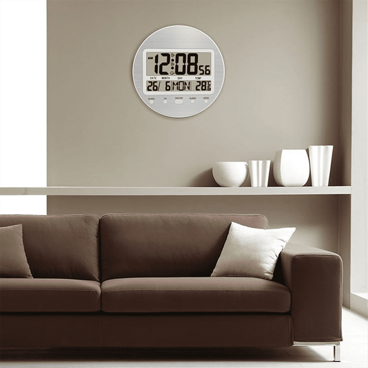 Alarm Clock 12/24 Hour Battery Operated Self-Setting Wall / Desk Mount Calendar Digital Clock for Bedroom Bedside White Plastic White