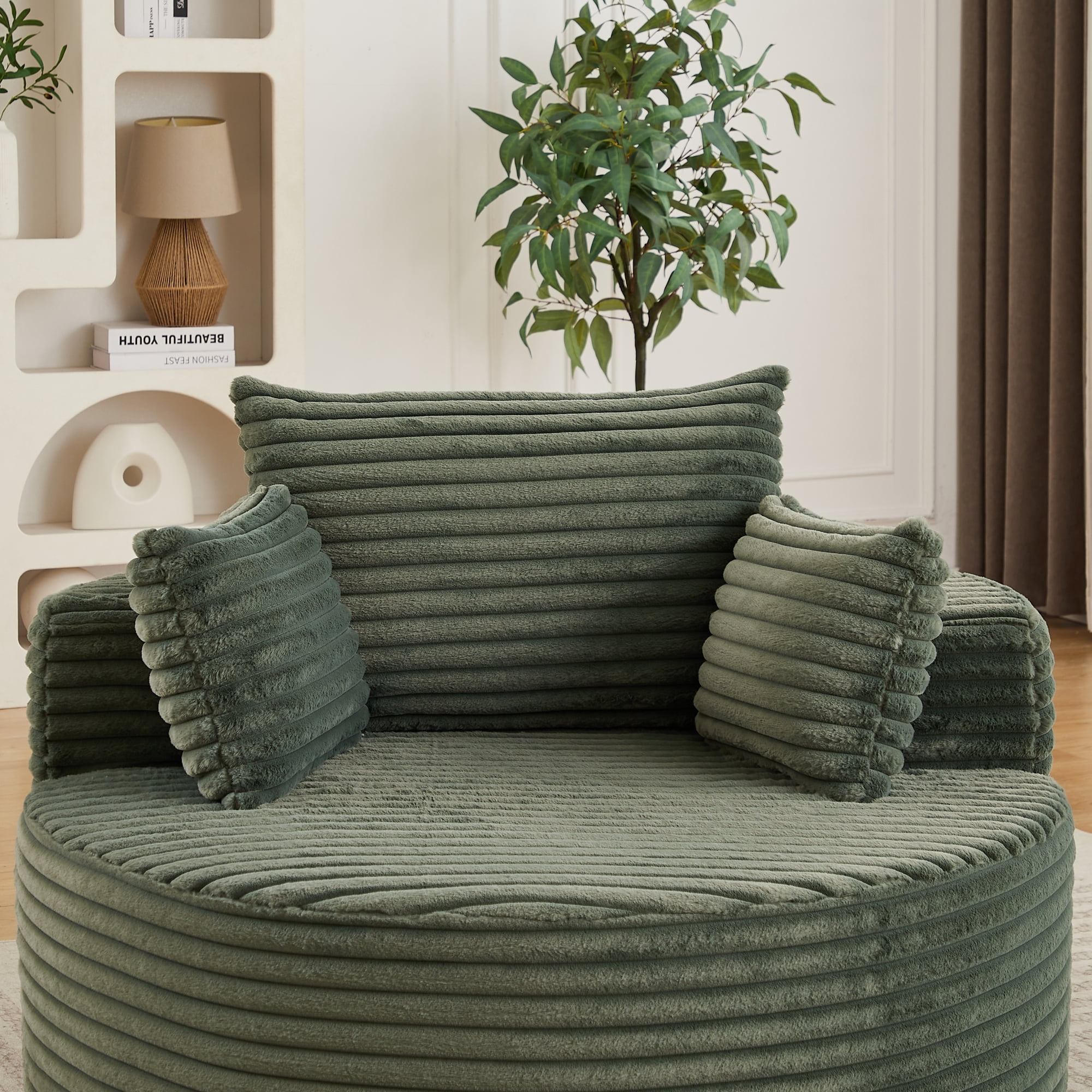 Leumius Oversized Round Chair Lounge Chaise Indoor,50" Upholstered Corduroy Deep Seat Single Cloud Sofa Chair, Fluffy Modern Large Circle Boneless Sleeper Sofa for Living Room, Bedroom,Green