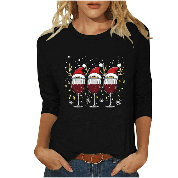 Feancey Christmas Tee Shirts for Women Plus Size 3/4 Sleeve Tunic Tops Holiday Casual Round Neck Loose Blouse Dressy Trendy Going Out T-Shirt Black 5XL