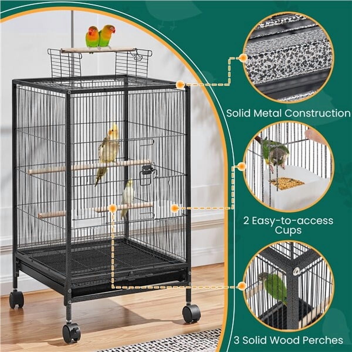 FASCK 36-Inch Sturdy Wrought Iron Bird Flight Open Play Top Cage with Rolling Stand for Parrots Conure Lovebird Cockatiel