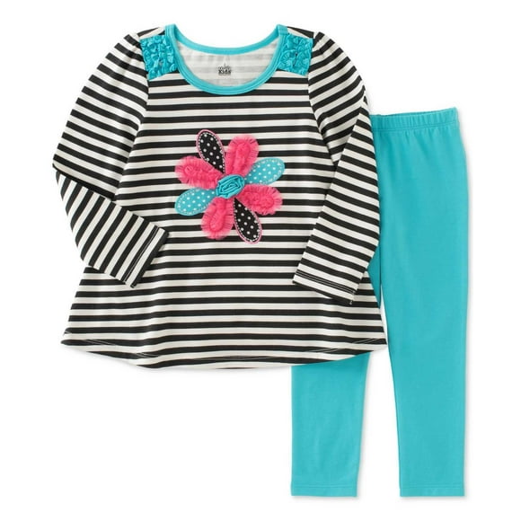 Kids Headquarters Baby Girls’ 2-Pc. Striped Flower Tunic & Leggings Sets, Black, Blue, 6-9 Months