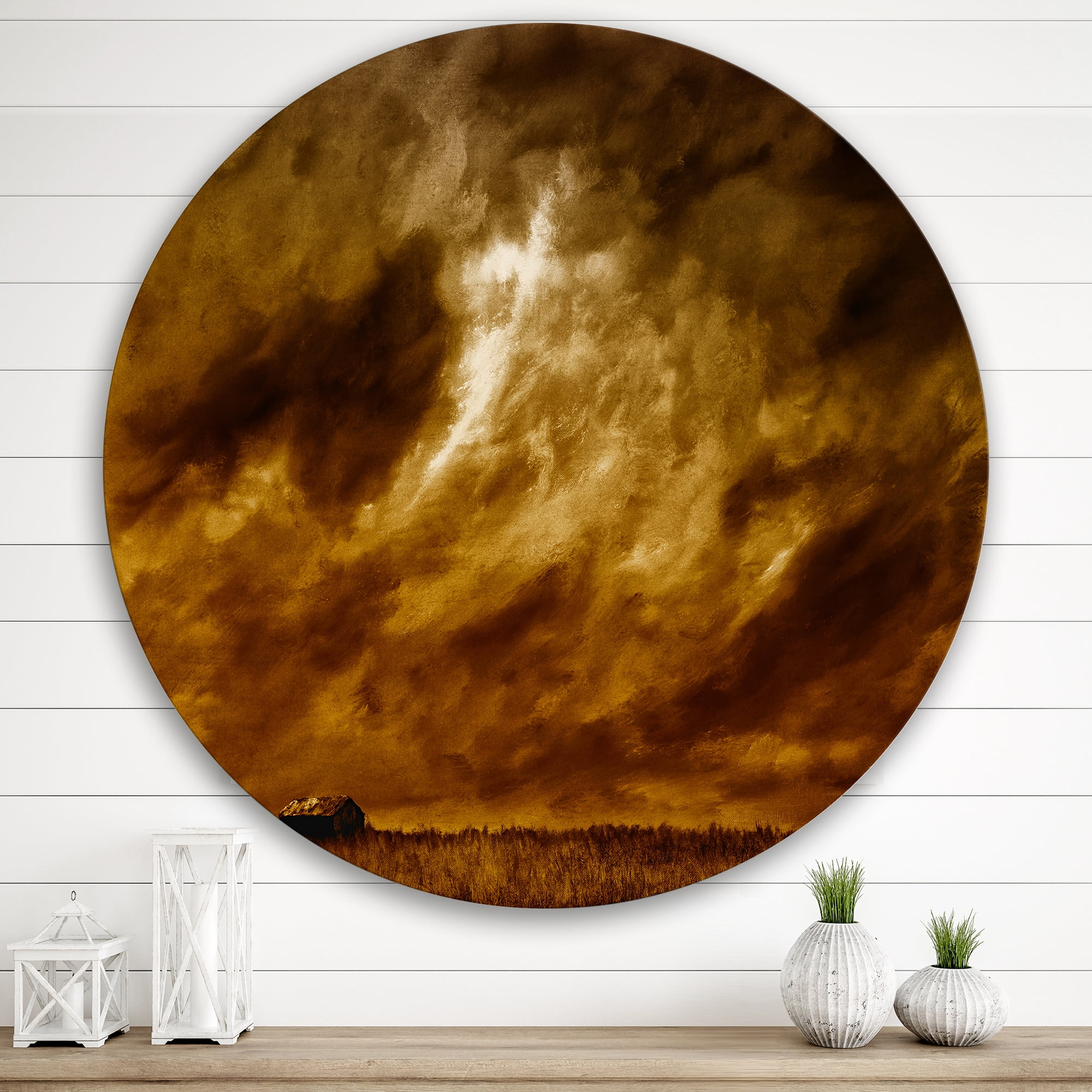 Designart 'Desert Farmhouse Under Cloudy Sky II' Farmhouse Circle Metal Wall Art 29x29 - Disc of 29