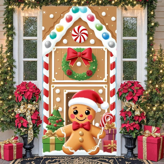 Gingerbread Theme Gingerbread Banner Christmas Wreath Christmas Display Colorful Candy Red Bow Holiday Backdrop for Christmas Party Holiday Decoration Xmas Celebration
