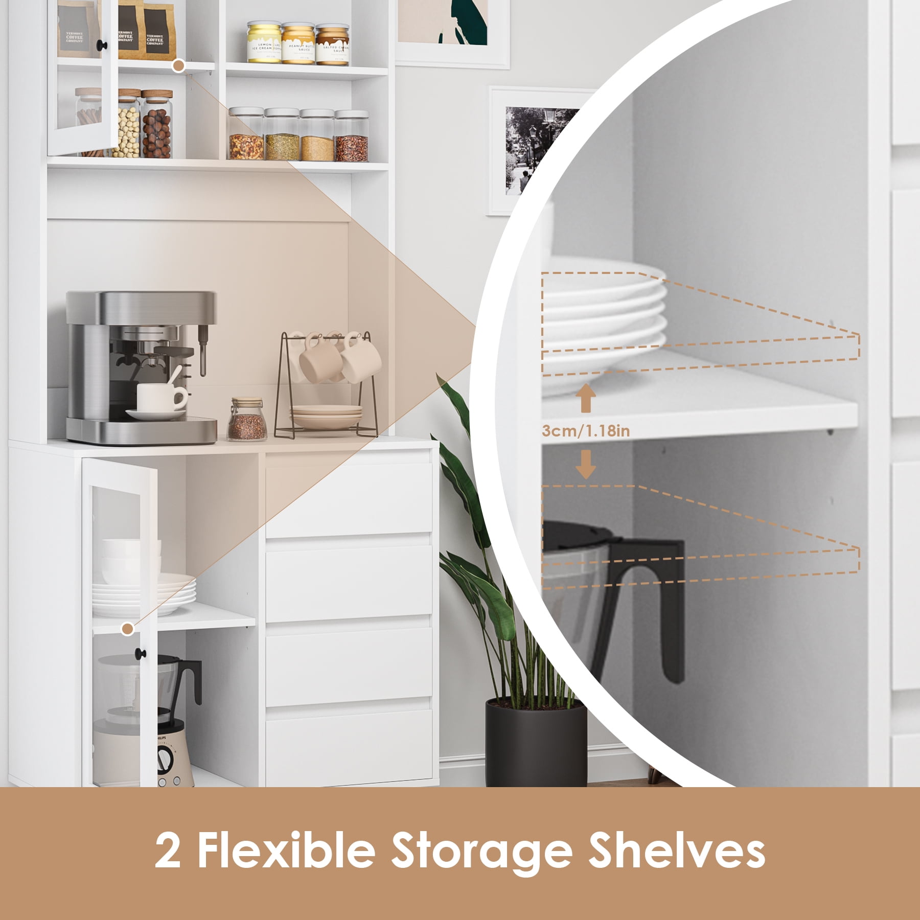 Homfa 70 Tall Kitchen Pantry Cabinet with Tempered Glass Doors