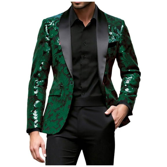 TFEOQRY Men's Sequin Blazer Shawl Lapels Floral Suit Shiny Metallic Jacket Prom Party Banquet Celebration Outwear Green