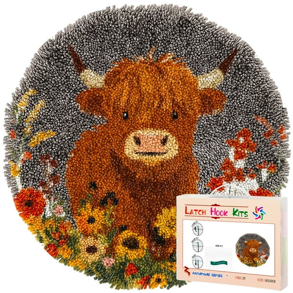 Latch Hook Rug Kit Cute Highland Cow in Flowers Stamped Handmade Round Shape Carpet Crochet Yarn Craft DIY Hook and Latch Door Mat Tapestry for Christmas Home Floor Decor 50x50cm(5)