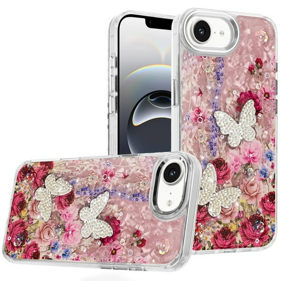 For iPhone 17E / 16E / SE4 Epoxy Glitter Butterfly Ornaments Design HQ Metal Buttons Hybrid - 7