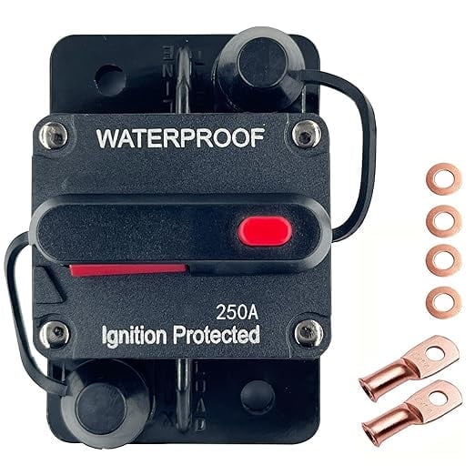 250 Amp Circuit Breaker,  Electrical Breakers with Manual Reset Switch Pushbutton for Car, Boat,Trolling Motor ,Marine ATV, Trailer Vehicle, Stereo Audio Electronics ,12V - 48V DC