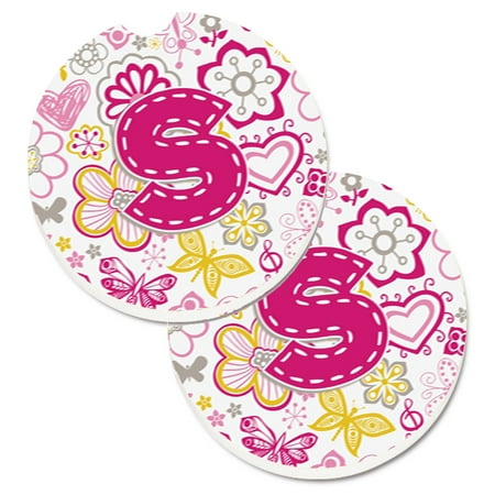 

Carolines Treasures CJ2005-SCARC Letter S Flowers and Butterflies Pink Set of 2 Cup Holder Car Coasters Large