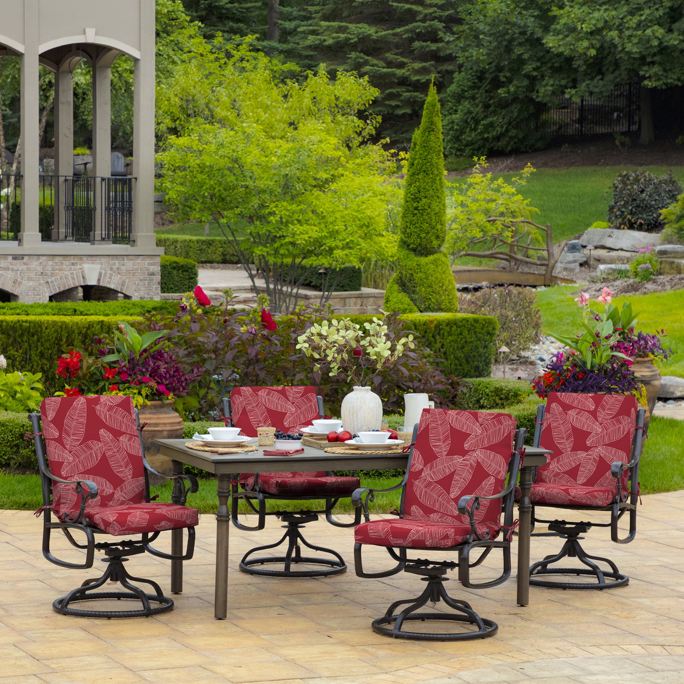 ARDEN 2-Pack Outdoor Patio Dining Chair Cushion, 20x44, Rain-Proof Seat Pad, Fade-Resistant Outdoor Cushion Red Leaf Palm