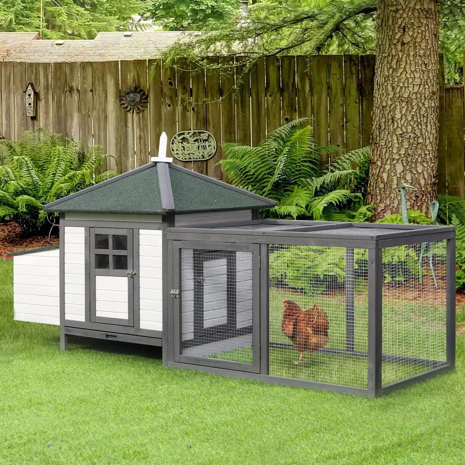 Pefilos 77" Chicken Coop Rabbit Hutch, Outdoor Wooden Poultry Cage Hen House with Nesting Box, Enclosed Run, Removable Tray for Garden Backyard, Gray