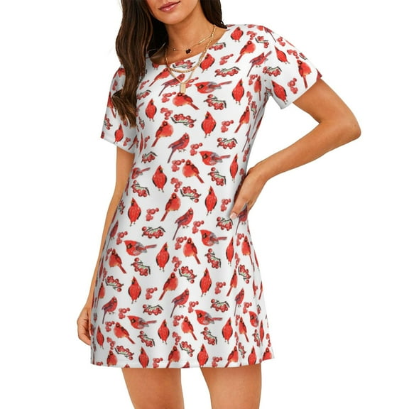 Logiee Red Birds Print Nightgowns for Women,Soft Short-Sleeved Lightweight Sleepwear, Loose Sleepshirts