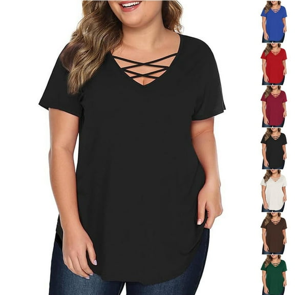 CFLVAEK Plus Size Womens Tshirts Casual Criss Cross V Neck T Shirts Loose Fit Short Sleeve Summer Tshirt Solid Color Tees Army Green XXL