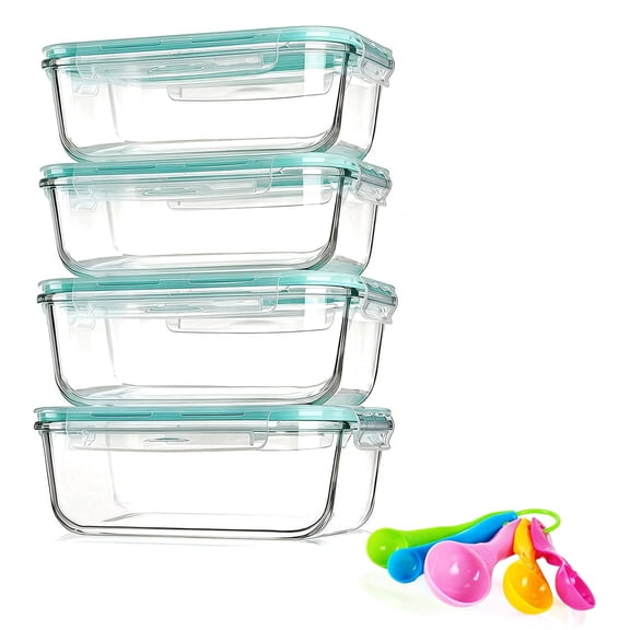 4 Pack Glass Food Storage Containers with Lids, 1860ML Large Glass Meal Prep Containers, Office Lunch Meal for Microwave, Freezer and Oven Green