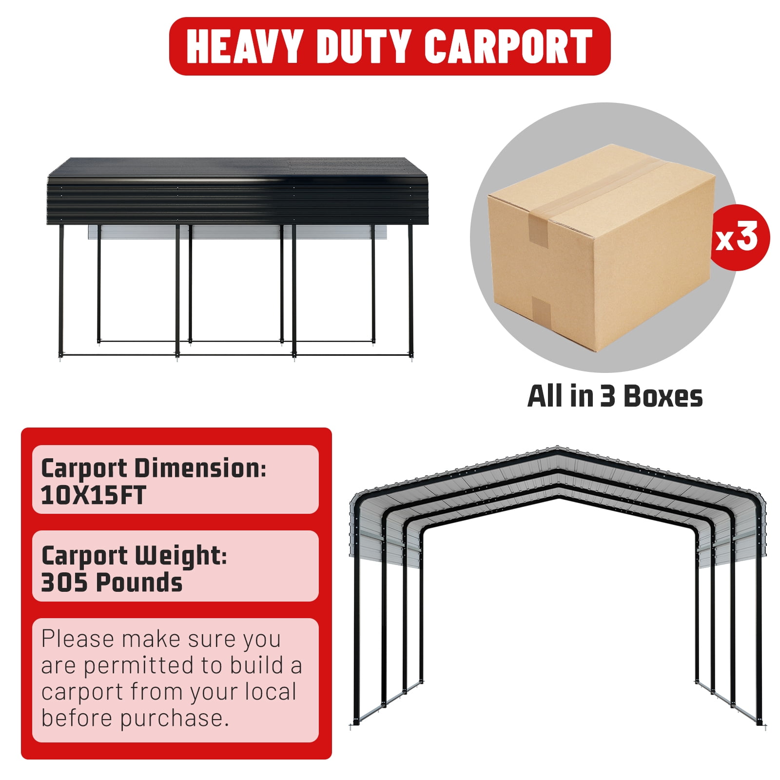 SnugNiture 10x15FT Heavy Duty Metal Carport, Galvanized Steel Frame & Roof, Reinforced Base Outdoor Shelter for Cars, Boats