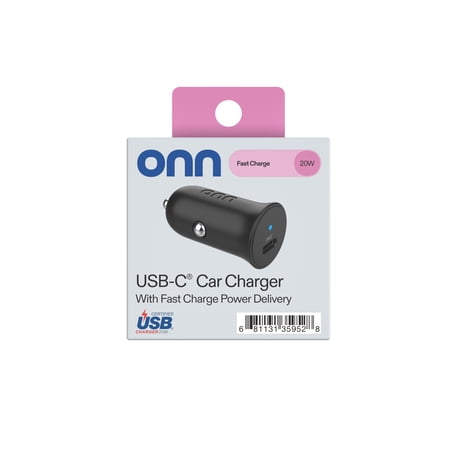 ONN 20W USB-C CAR CHARGER, FAST CHARGING, USB-IF CERTIFIED, FOLDABLE PLUG, WHITE, COMPATIBLE WITH IPHONE & ANDROID