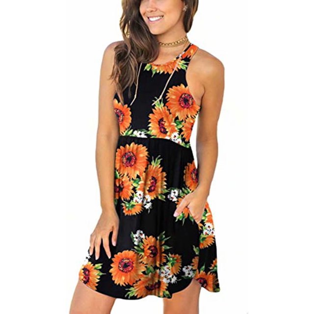 Robes d'Été Sans Manches Décontractées pour Femmes Robe Élastique avec Poches Tournesol avec Fond Noir TG