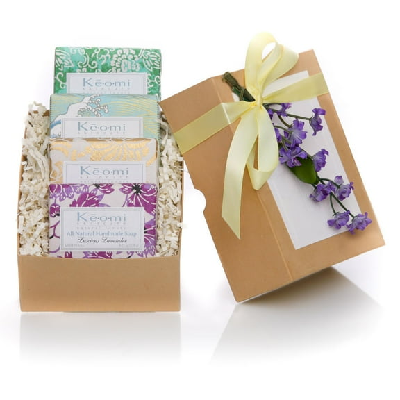 KEOMI NATURALS - Organic Handmade Soap Gift Set - 4 Full Size Bars - THE PERFECT GIFT! - Packaged Ready to Gift in an Elegant Embossed Gift Box w/ Satin Ribbon & Floral Embellishment