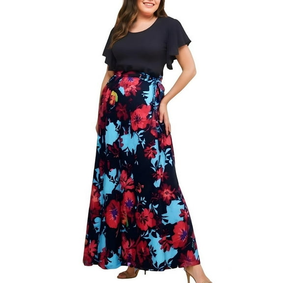 HVEOO Women Casual Short Sleeves Summer Dresses Spring Crewneck Boho Floral Ruffle Cocktail Party Maxi Dress