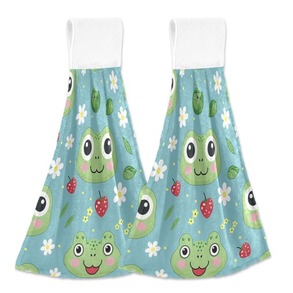 2 Pcs Kitchen Hand Towels with Hanging Loops Absorbent Soft Fast Drying Decor Bath Towels Frog Face Leaf Strawberry Flower