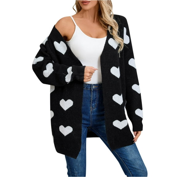 Cavosen Women's Knit Sweaters Tunic Length Heart Graphic Cardigan with Pocket Long Sleeve Stretch Outerwear Coats