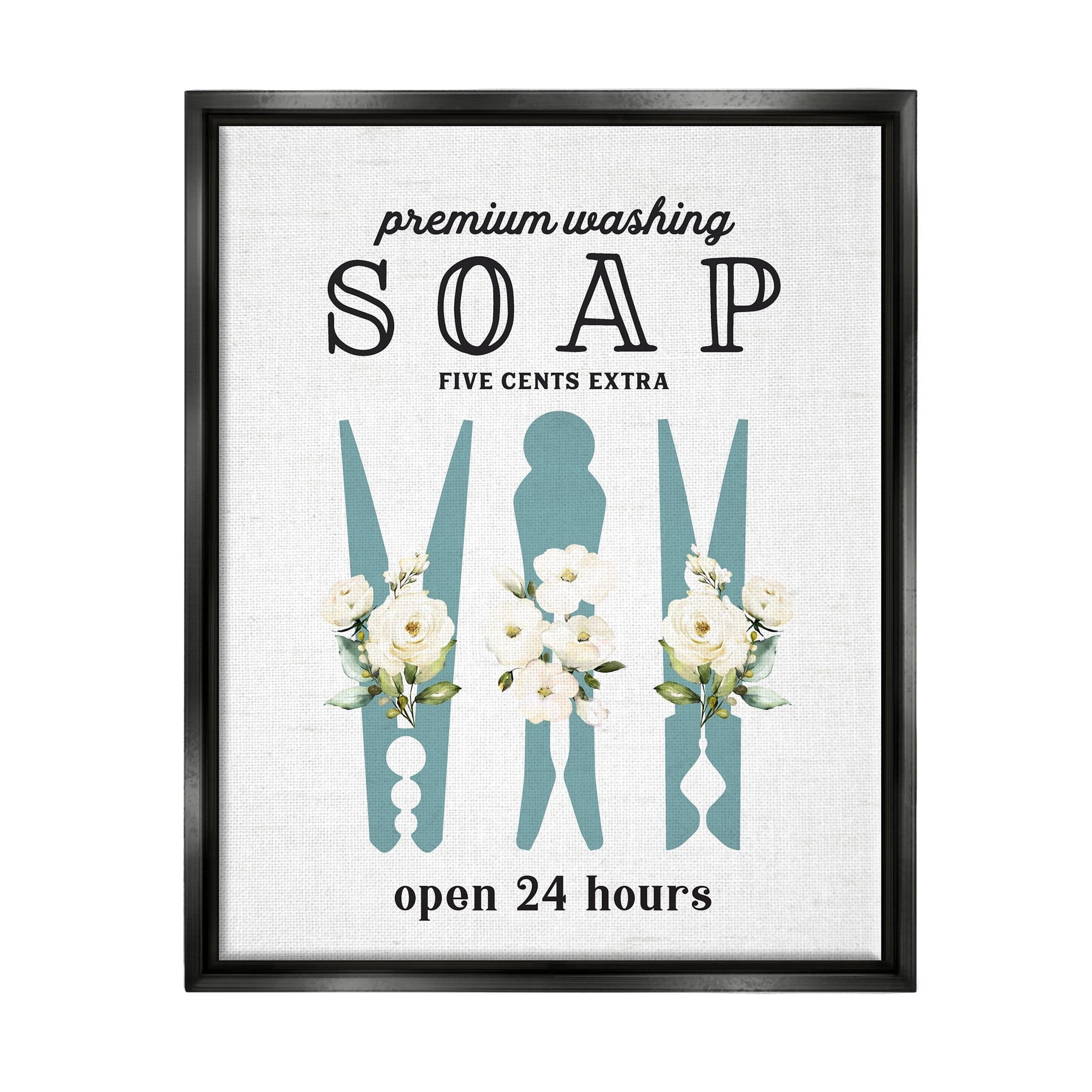 Stupell Industries Premium Soap Laundry Sign Vintage Floral Clothespins Graphic Art Metallic Gold Floating Framed Canvas Print Wall Art, Design by Lettered and Lined