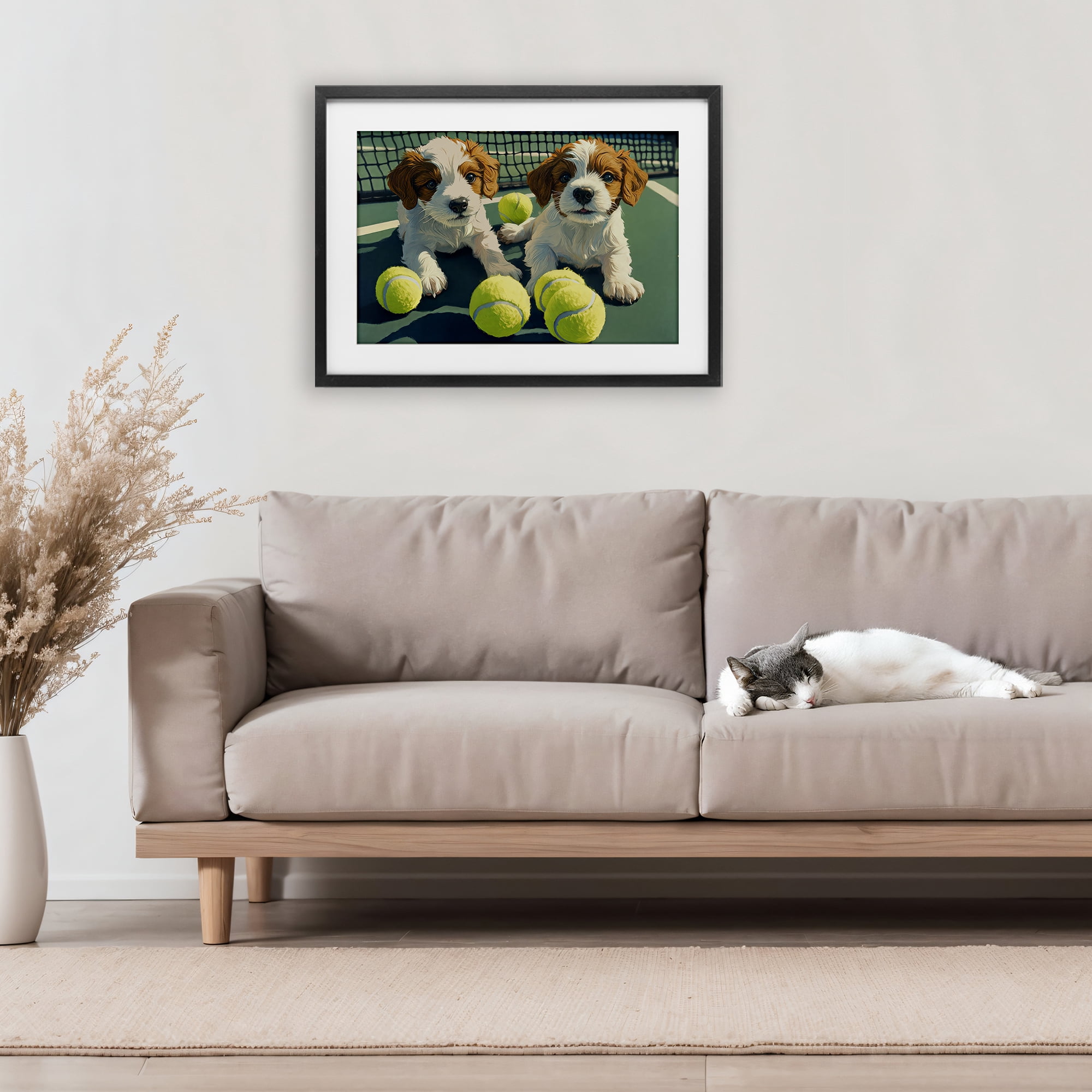 Stupell Industries Playful Puppies with Tennis Balls Black Framed Print Under Glass, design by Imagine It Images