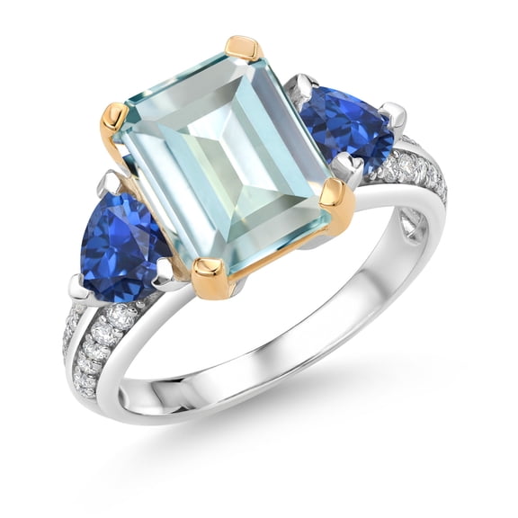 Gem Stone King 925 Sterling Silver and 10k Yellow Gold Sky Blue Simulated Aquamarine and Blue Created Sapphire 3 Stone Engagement Ring for Women (4.37 Cttw, Octagon Cut 10X8MM, Size 7)